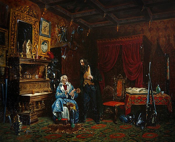 Ortaçağ mobilyalı bir antika odasının içi, c.1838-46 (renkli taş) by M. (after) Renoux