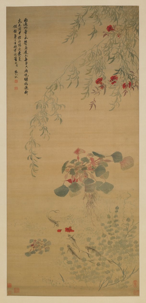 Düşen Çiçekler, Meraklı Balık, Qing hanedanı, 18. yüzyılın başları (ipek üzerine renk) by Ma Yuanyu
