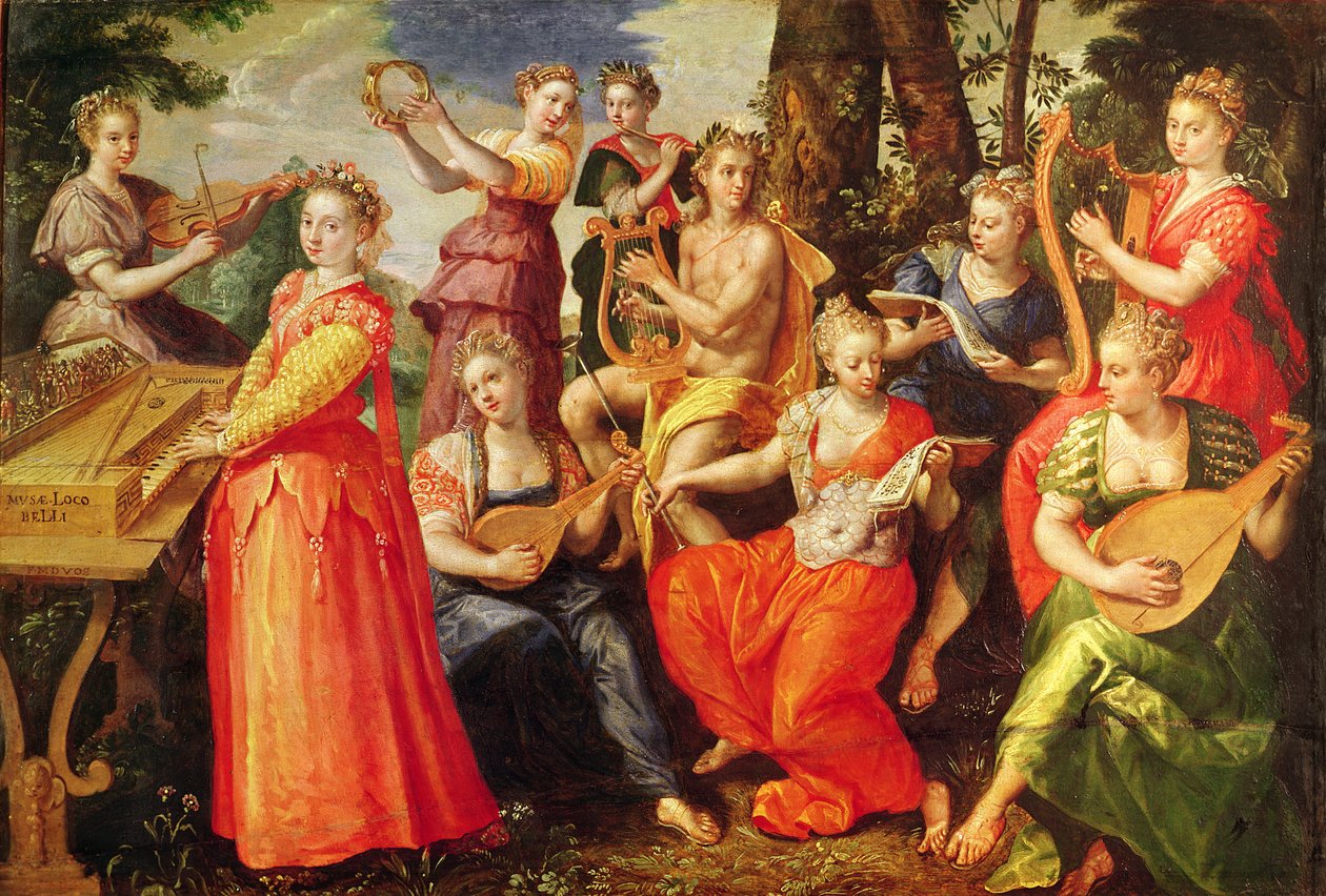 Apollon ve İlham Perileri (tahta üzerine yağlı boya) by Maarten de Vos