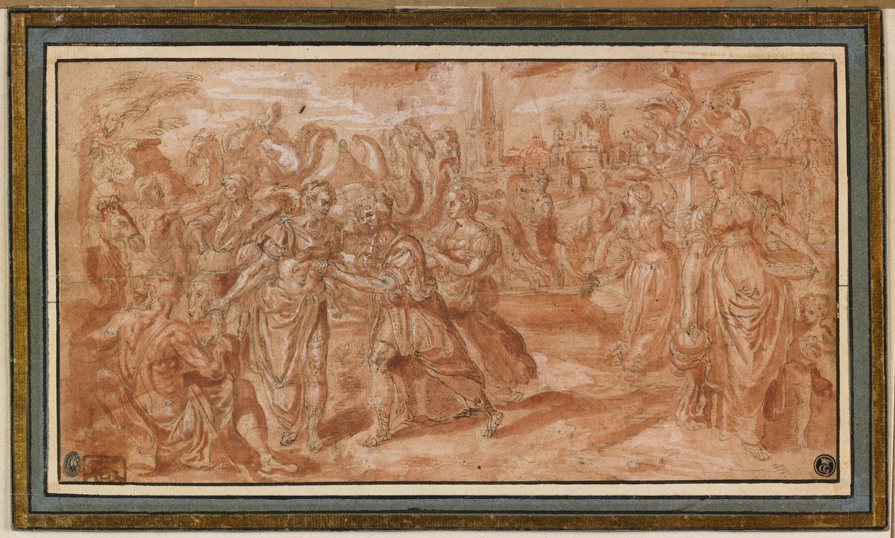 Laban ve Rebecca Alma Eliezer, 1561-62 (kırmızı astarlı ve beyaz vurgulu tükenmez kalem ve kahverengi mürekkep) by Maarten de Vos