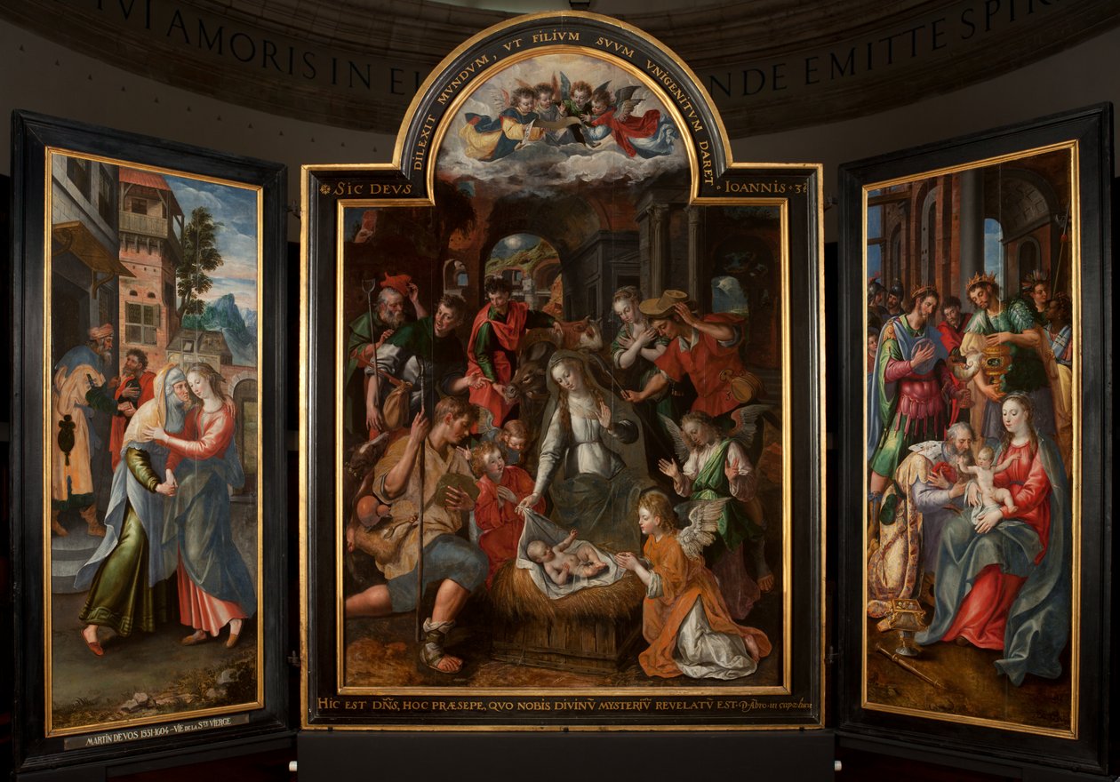 Magi'ye Tapınma, Üç Parça, Orta panel, detay, ahşap üzerine boyama by Maarten de Vos