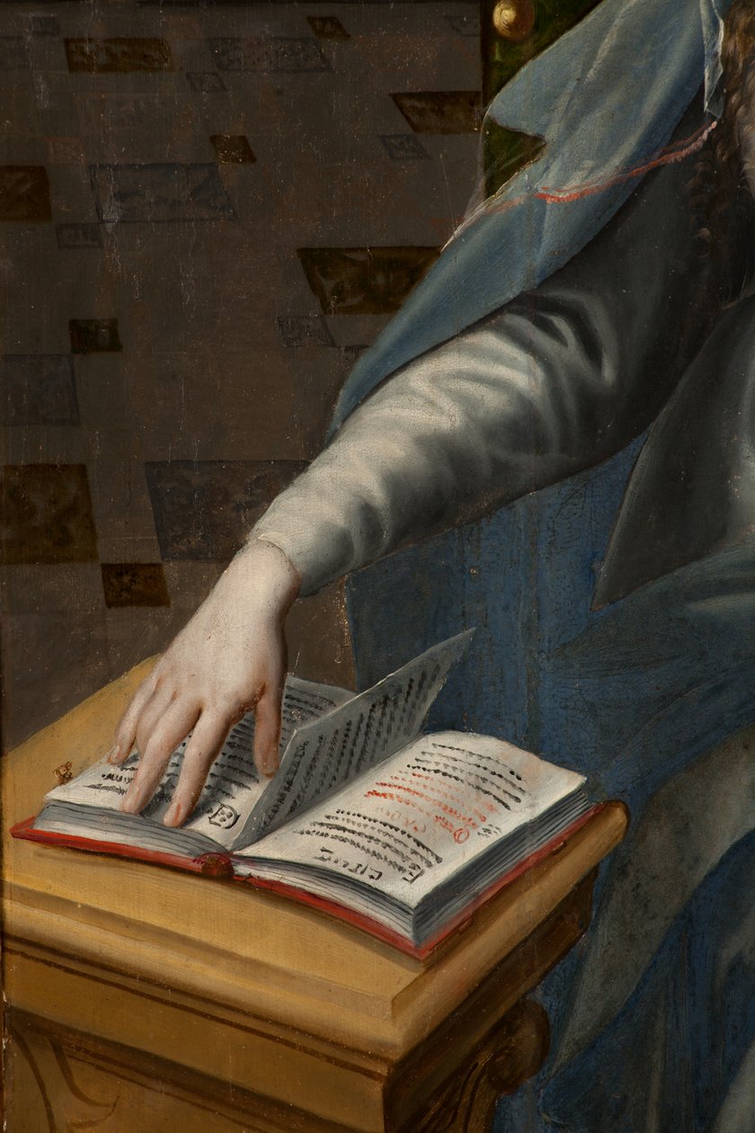 Magi hayranlığı, Üç Parça, Sağ panel arka kısım, detay, ahşap üzerine boyama by Maarten de Vos