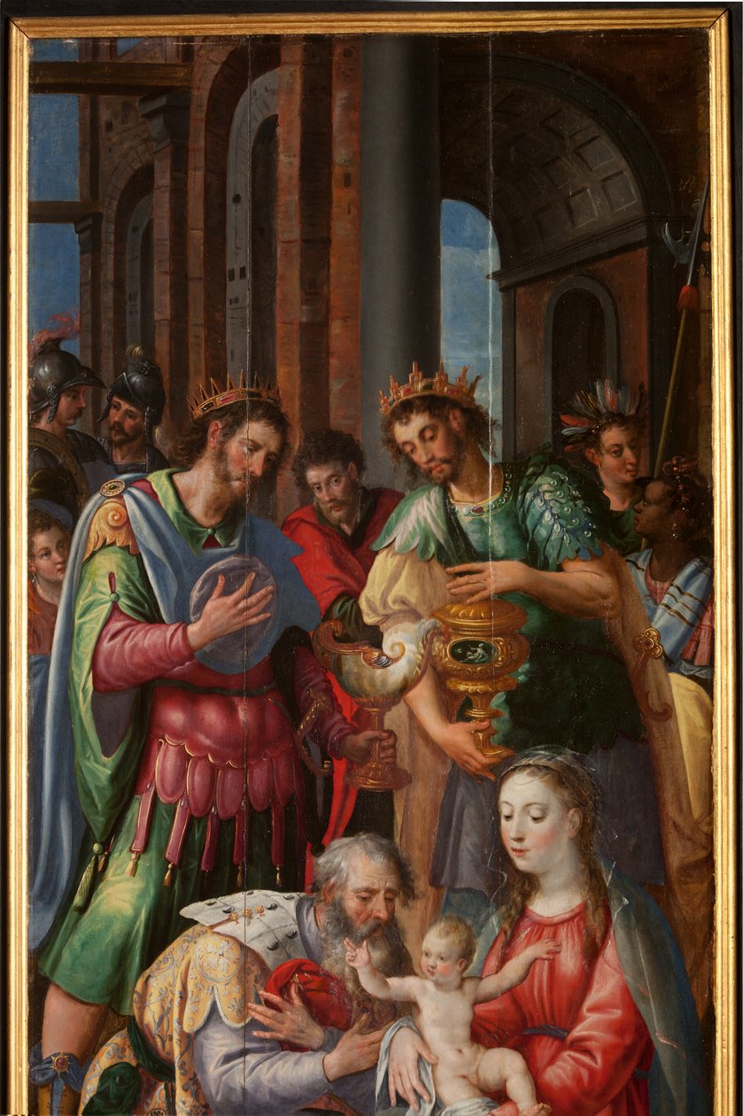 Magi'ye Tapınma, Üç Parça, Sağ panel, detay, ahşap üzerine boyama by Maarten de Vos