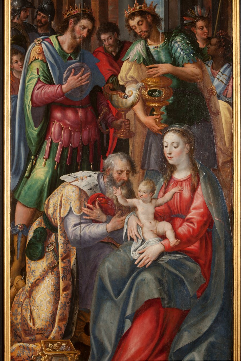 Magi'ye Tapınma, Üç Parça, Sağ panel, detay, ahşap üzerine boyama by Maarten de Vos