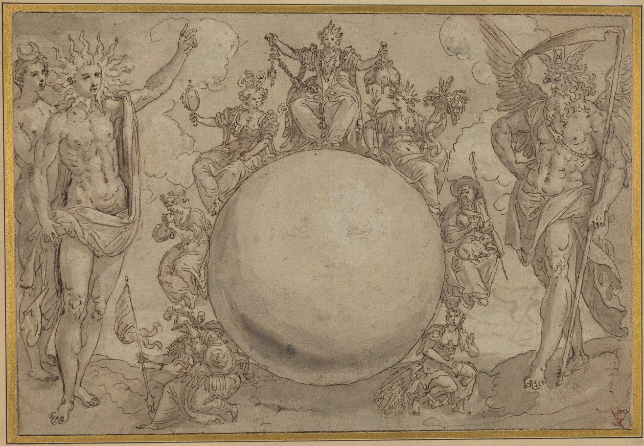 Apollo, Diana ve İnsan Yaşamının Döngüsel Değişimleri ile Zaman, c.1561 (kalem ve kahverengi mürekkep, grafit izleri üzerine gri yıkama, serilmiş kağıt üzerine transfer için kazınmış) by Maarten de Vos