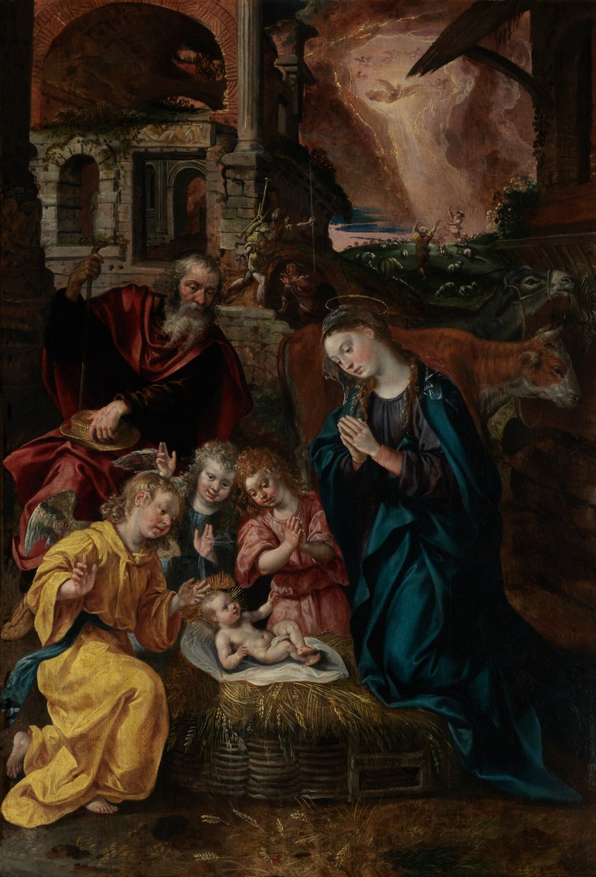 İsa'nın Doğuşu (panel üzerine yağlıboya) by Maarten de Vos