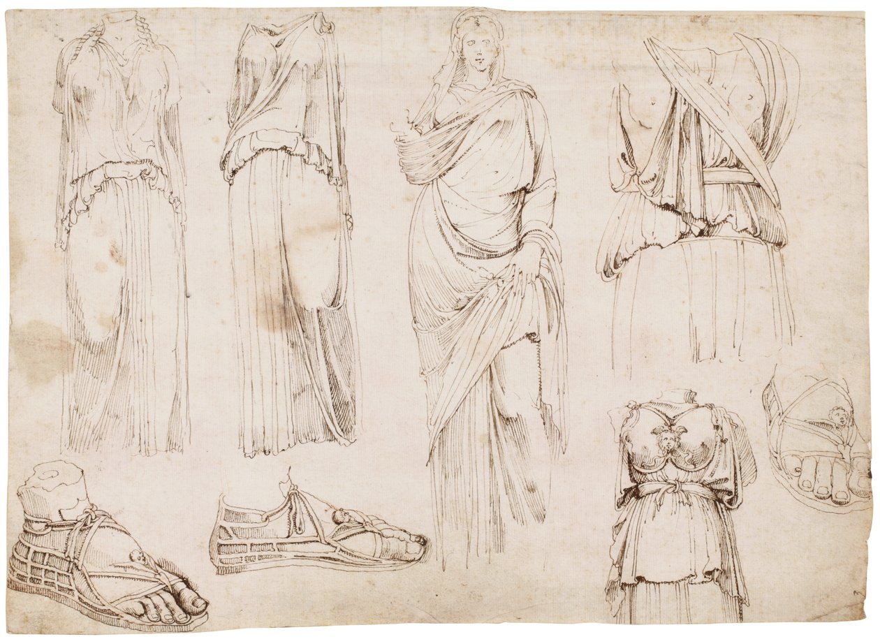 Kadın figürleri ve sandaletler, c.1498-1574 (kırmızı tebeşir, kalem ve kahverengi mürekkep) by Maarten van Heemskerck (circle of)
