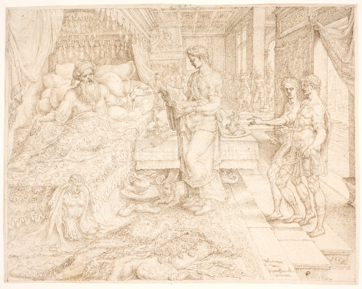 Ahasuerus, uyuyamadığı zaman Kayıtlara danışarak by Maarten van Heemskerck