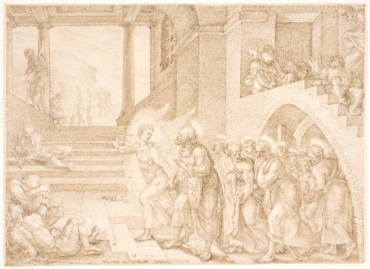 Havariler bir melek tarafından hapishaneden teslim edilir by Maarten van Heemskerck