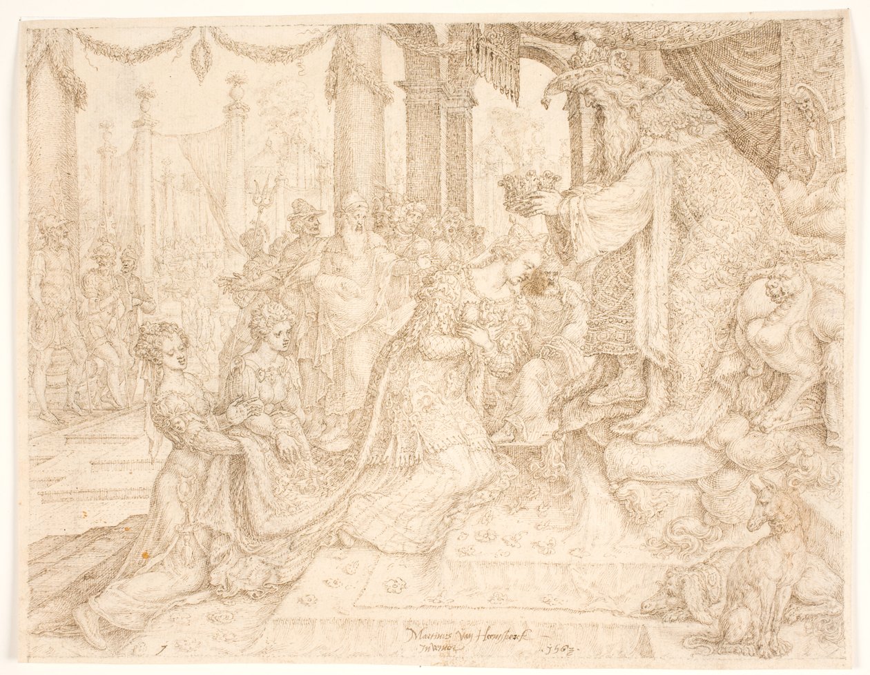 Ester, Ahasuerus tarafından taçlandırıldı by Maarten van Heemskerck
