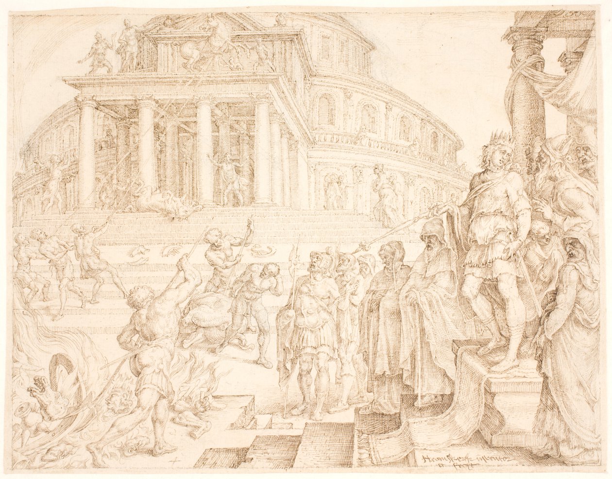 Josiah atların kaldırılmasını ve savaş arabalarının yakılmasını emrediyor by Maarten van Heemskerck