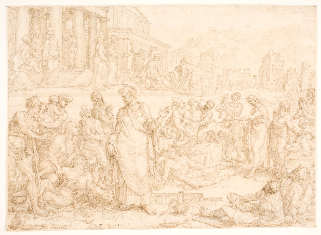 Petrus ve diğer havariler hastaları iyileştiriyor by Maarten van Heemskerck