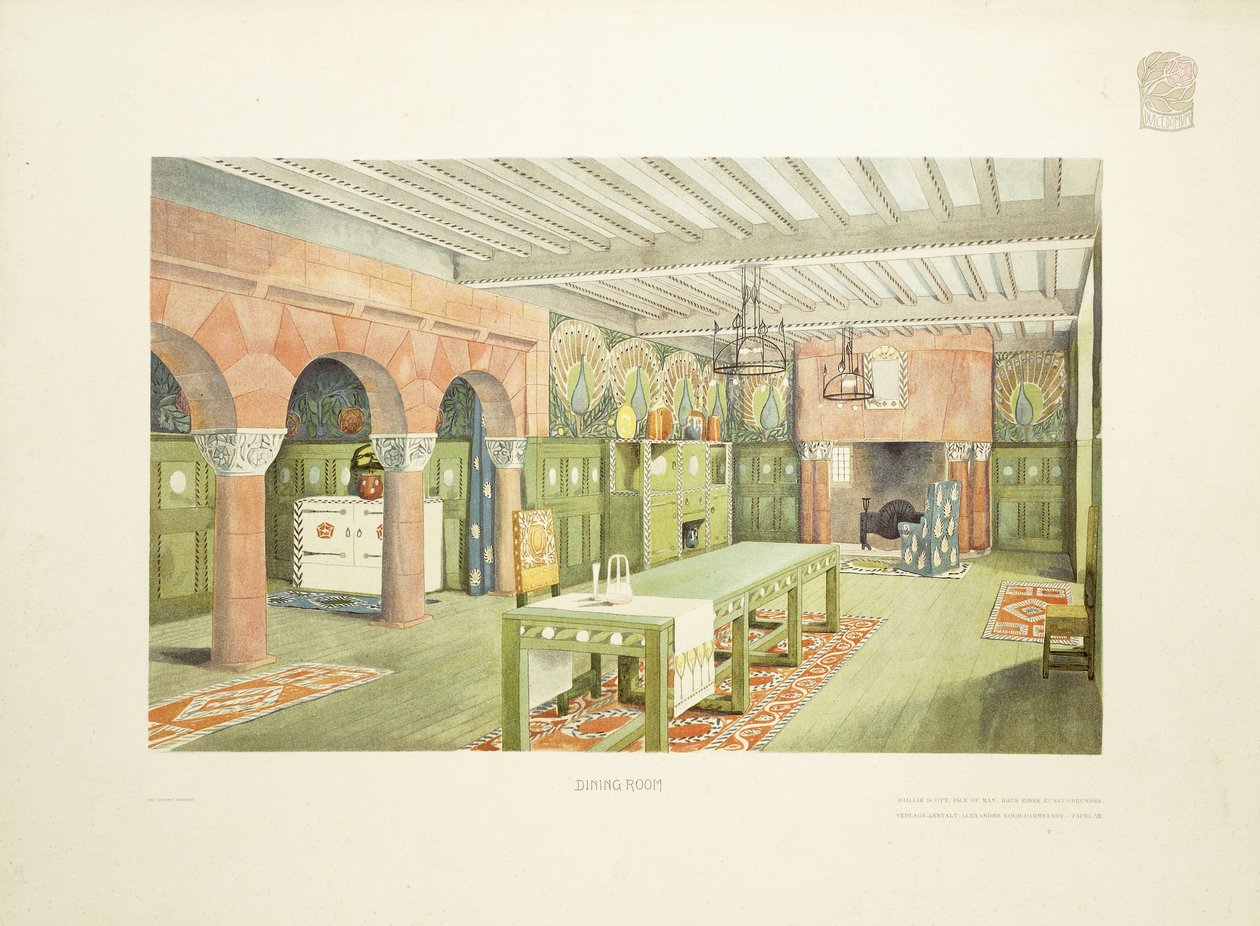 Yemek Odası, Man Adası, c.1901 (renkli litografi) by Mackay Hugh (after) Baillie Scott