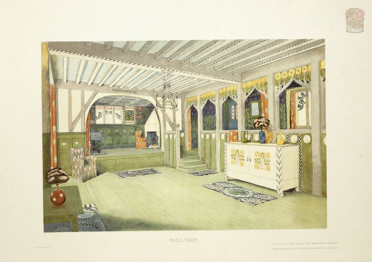 Müzik Odası, Man Adası, c.1901 (renkli litografi) by Mackay Hugh (after) Baillie Scott
