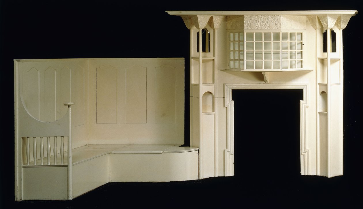 Glencrutchery House, Douglas, yaklaşık 1897, c.1897 (boyalı ahşap) için tasarlanmış boyalı bir odun ateşi çerçevesi ve inglenook by Mackay Hugh Baillie Scott