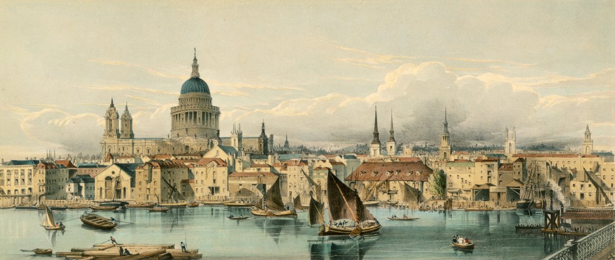 Thames Nehri üzerindeki tekneler ve St Paul Katedrali, Londra Şehri, 1850
