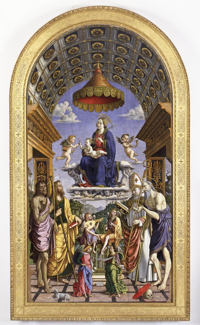 Zafer içinde Madonna ve Çocuk, müzisyen melekler ve azizler Vaftizci Yahya, James, Ugo ve Jerome, 1498 by Macrino dAlba