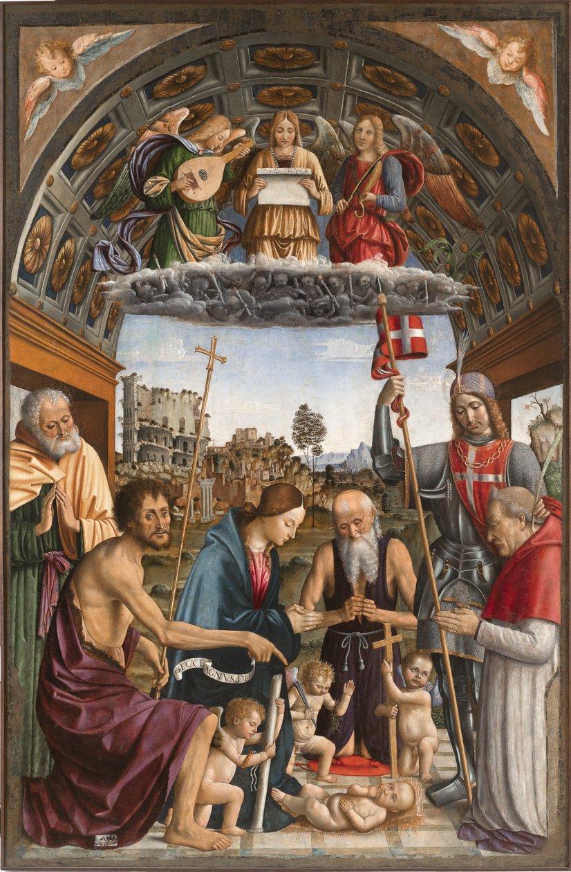 Çocuğa tapan Madonna, Tutkunun sembollerini taşıyan putti, müzisyen melekler, azizler Joseph, Vaftizci Yahya, Jerome, Solutor ve Romagnano