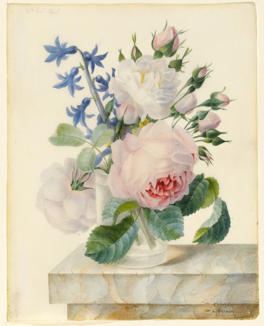 Mermer Parapet Üzerinde Centifolia ve Alba Gülü, Tomurcuklu ve Sümbül İçeren Vazo (grafit ve parşömen üzerine wc) by Madame de Ligny