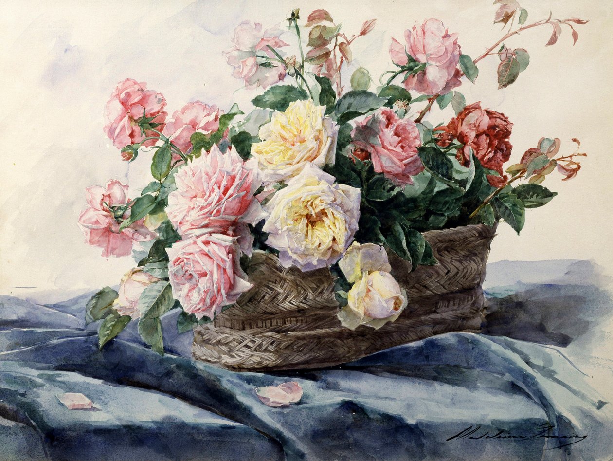 Gül sepeti. Madeleine Jeanne Lemaire (1845-1928) tarafından yapılmış resim Özel koleksiyon. by Madeleine Lemaire