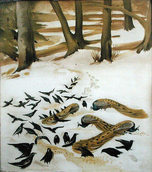 Karda Beslenen Kuşlar (kağıt üzerine sulu boya) by Madeline Wyndham