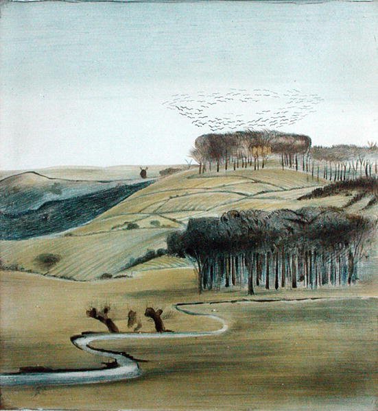 Kale Sürüsü ile Manzara (kalem, tükenmez kalem ve mürekkep ve kağıt üzerine sulu boya) by Madeline Wyndham