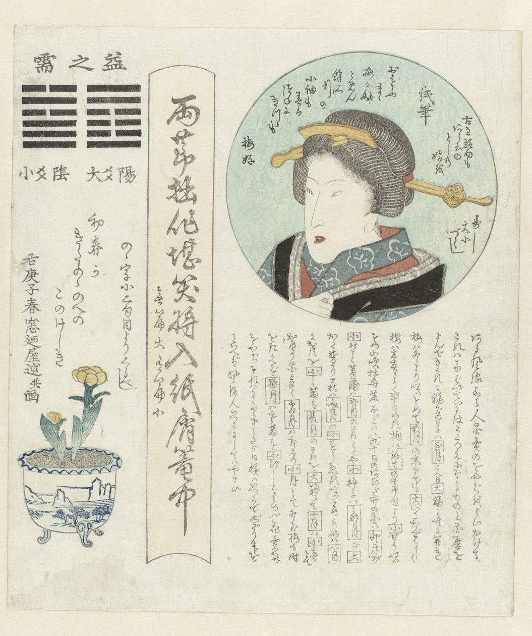 Dairesel bir kartuş içinde bir kadının portresi Yıllık bir dizi takvim (dizi başlığı) Kotobushi daishôtsukushi (nesne üzerinde dizi başlığı) by Madonoya