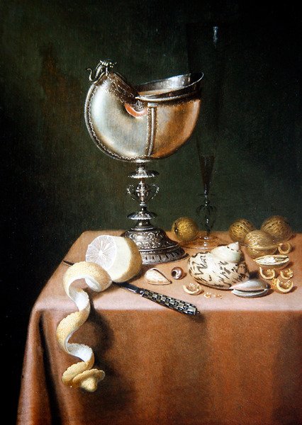 Nautilus Fincan, Soyulmuş Limon ve Cevizli Natürmort (panelde yağ) by Maerten Boelema de Stomme