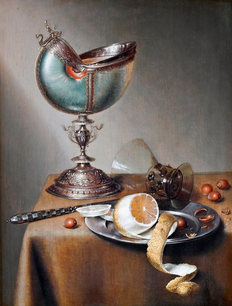 ""Nature morte a la coupe nautile"" (Nautilus Cup ile Natürmort) Peinture de Marten Boelema de Stomme (1611-1644) - Ahşap üzerine yağlıboya Dim 50x38 cm Hallwylska Museet, Stockholm by Maerten Boelema de Stomme