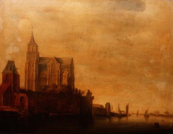 Ana Kule Manzaralı Groote Kerk, Yelkenli Teknelerle Nehir Manzarasında Emmerich by Maerten Fransz van der Hulst