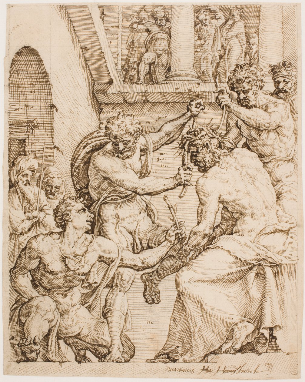 Christ Being Crowned with Thorns, c. 1548 (Pen, brown ink and black chalk on buff paper) by Maerten van Heemskerck