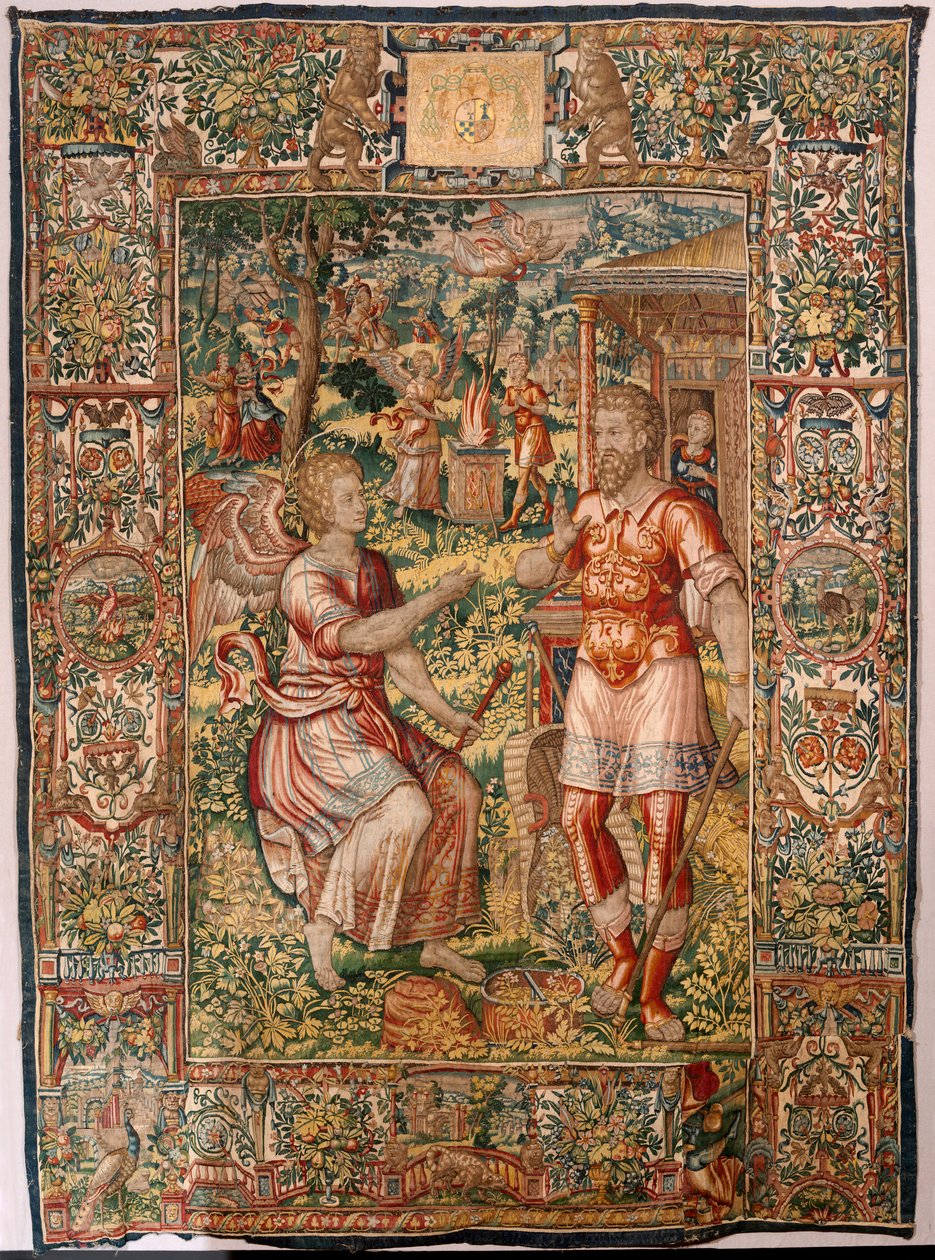 Piskoposluk müzesi (Museo Diocesano). Flaman halısı. Brüksel. Atölye François Geubels. Gideon Serisi Öyküsü. Gideon ve melek (Gedeón y el ángel). İpek ve yün. Piskopos Vicente Roca de la Serna
