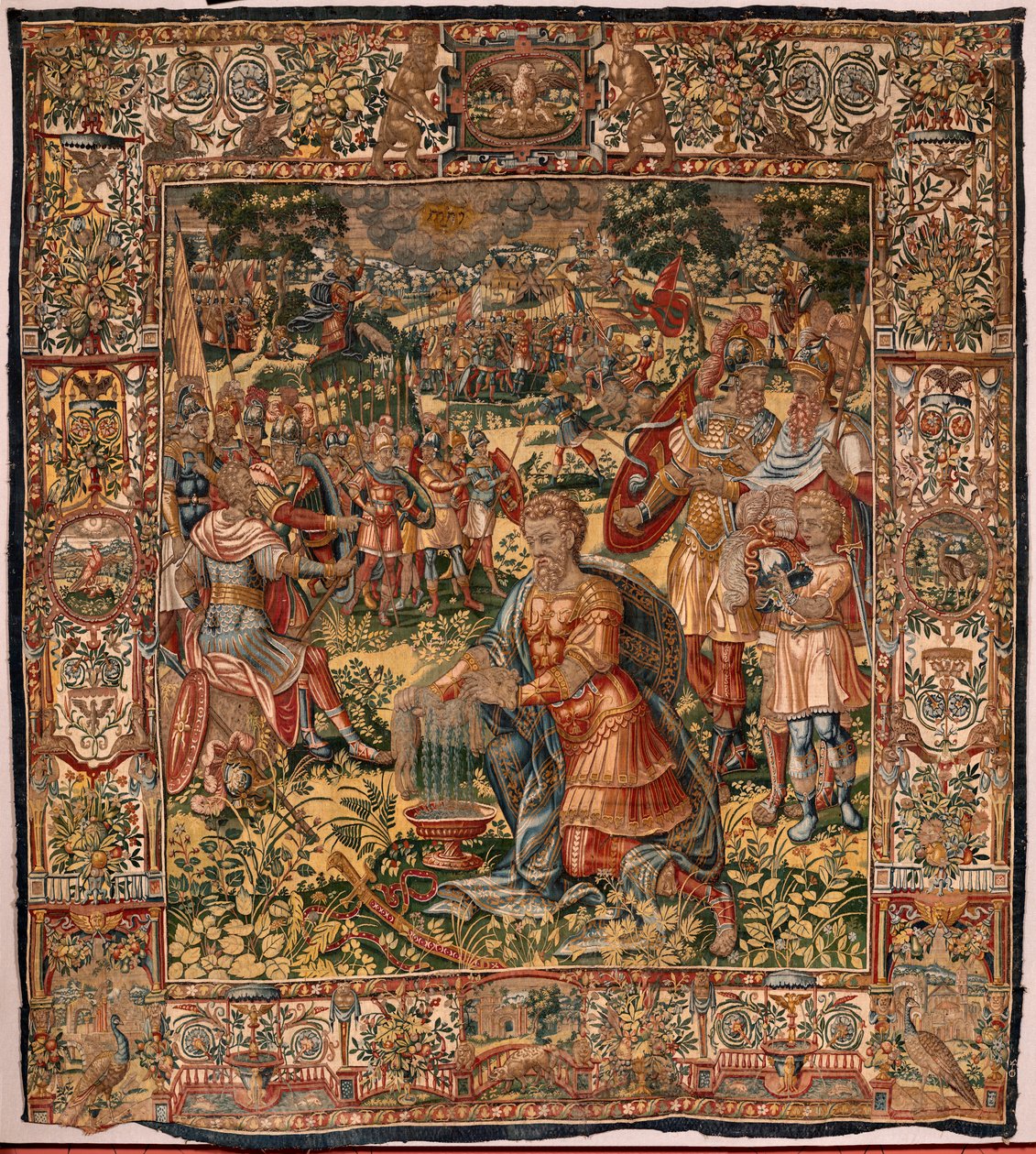 Piskoposluk müzesi (Museo Diocesano). Flaman halısı. Brüksel. Atölye François Geubels. Gideon Serisi Öyküsü. Yünlü yapağının mucizesi (Prueba del vellón de lana). İpek ve yün. Piskopos Vicente Roca de la Serna