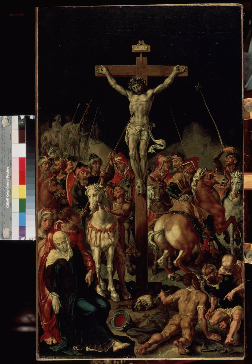 "" Calvary "" (Calvary) Çarmıha germe. Haç üzerinde "" INRI "" yazısı. Üç parçanın orta paneli. Peinture de Maarten van Heemskerck (Maerten Heemskerk van Veen) (Marten, Martin) (1498-1574) 1545-1550 Dim. 100,7x58,3 cm Miras Müzesi, Sain by Maerten van Heemskerck