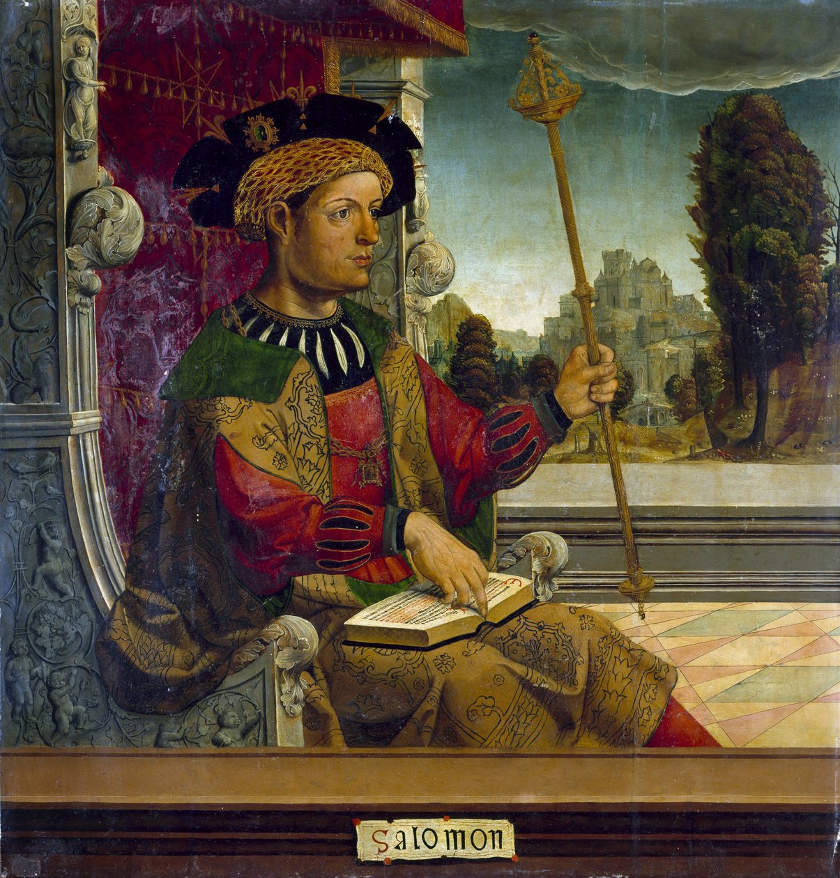 İsrail Kralı Süleyman - Kral Süleyman - Buzağı Ustası Tablosu (etkin Erken 16. yüzyıl) - c. 1525 - Ahşap üzerine yağlı boya - 90.8x87.7 cm - Museo del Prado, Madrid by Maestro de Becerril