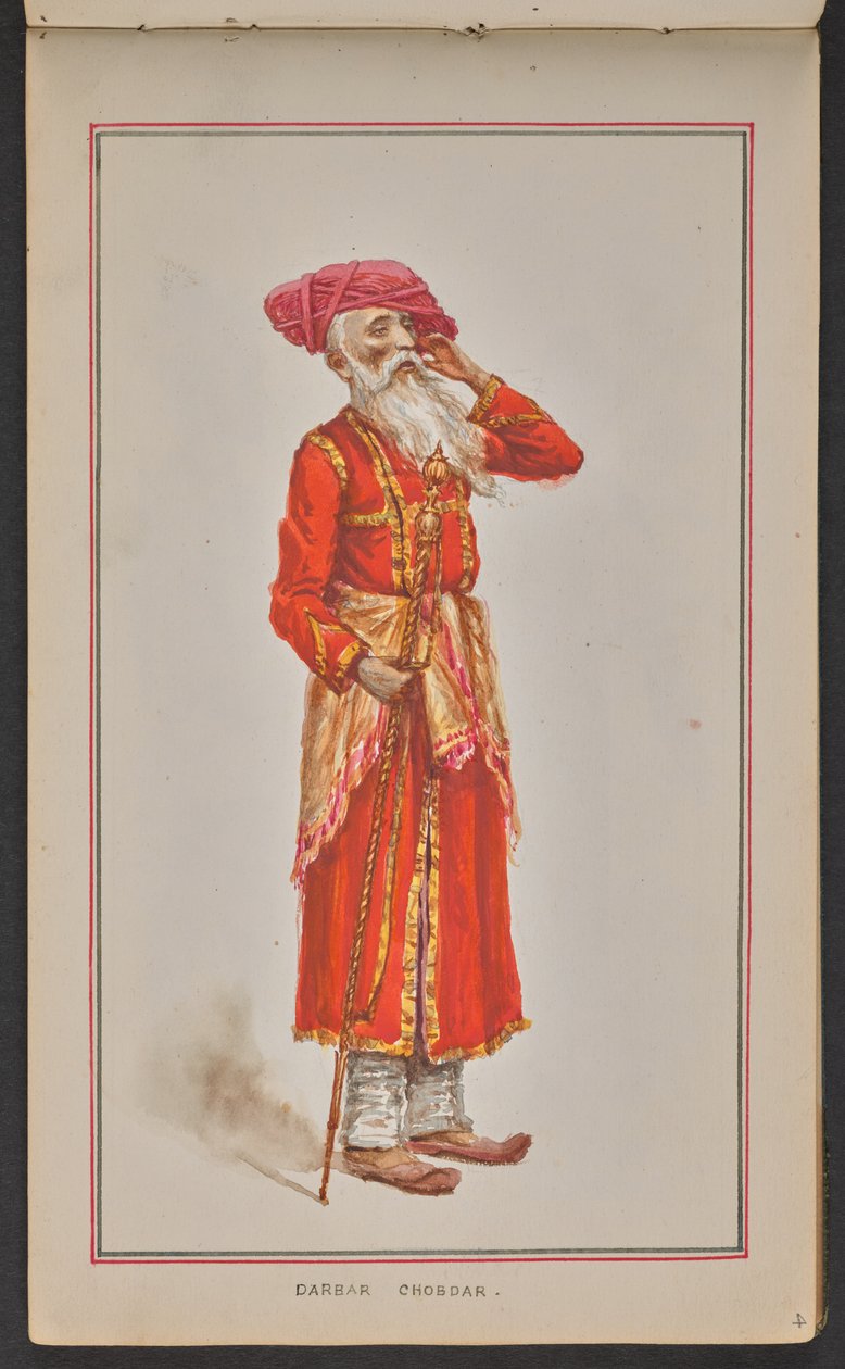 Kolhapur durbarının yaşlı saray görevlisi, kırmızı ceket ve pembe sarık giymiş (kağıt üzerine suluboya) by Mahadev Vishvanath Dhurandhar