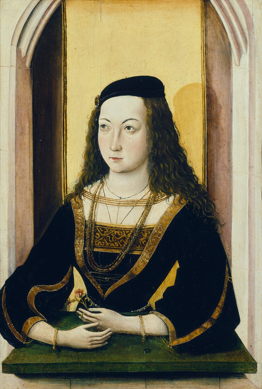 15. yüzyılın sonlarında bir çiçek tutan genç bir kadının portresi by Mair von Landshut
