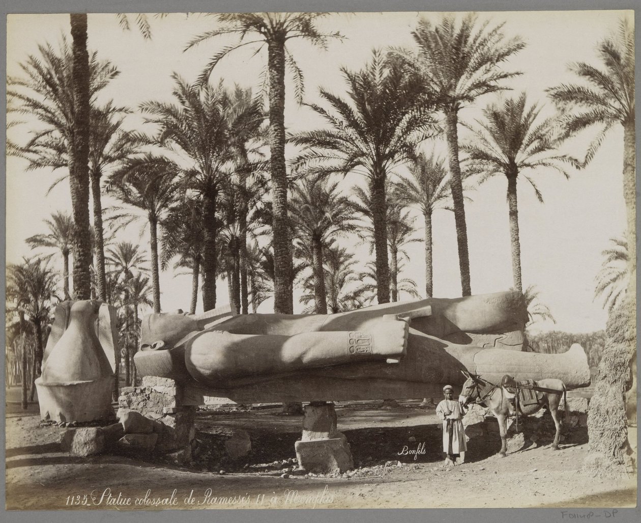 Memphis'teki uzanmış II. Ramses heykeli, ön planda eşeği olan bir çocuk Heykeli colossale de Ramesses II à Memphis (nesnedeki başlık) by Maison Bonfils