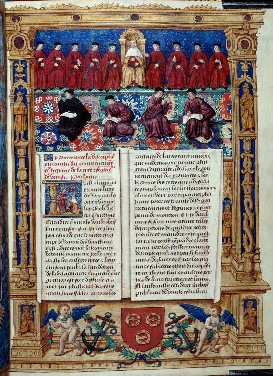 Ten Konseyi Doge merkezdedir. Amiral Louis Malet de Graville tarafından gerçekleştirilen, Philip de Geldre Ustası tarafından aydınlatılan (16. yüzyıl) şehrin hükümeti ve rejimi ve Venedik senyörlüğü ile ilgili bir açıklama veya anlaşmalardan alınan sayfa by Maitre de Philippe de Gueldre