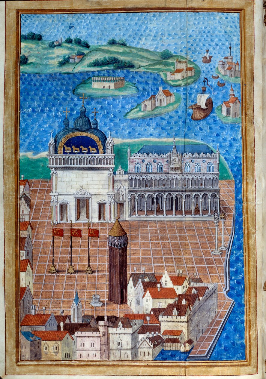 San Marco Meydanı'nın Doge Sarayı ile Görünümü”” Minyatür, Philip de Geldre'nin Ustası (1467-1547) tarafından ““ Şehrin hükümeti ve rejimi ve Venedik beyliği ile ilgili açıklama veya anlaşmalar”””dan alınmıştır (1467-1547) Chantilly, Musee Conde by Maitre de Philippe de Gueldre