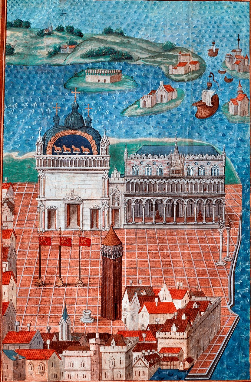 San Marco Meydanı'nın Venedik'teki Doge Sarayı ile görünümü”” Minyatür, Philip de Geldre'nin (1467-1547) Ustası Chantilly'nin ““ Şehrin hükümeti ve rejimi ve Venedik beyliği ile ilgili açıklama veya anlaşmalar”””dan alınmıştır. , Musee Cond by Maitre de Philippe de Gueldre