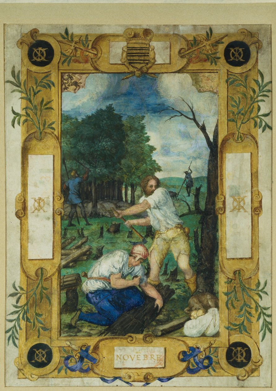 Kasım ayı için takvim sayfası, ağaçların kesilmesi, bir saat kitabından, c.1550-60 by Maitre des Heures de Claude Gouffier