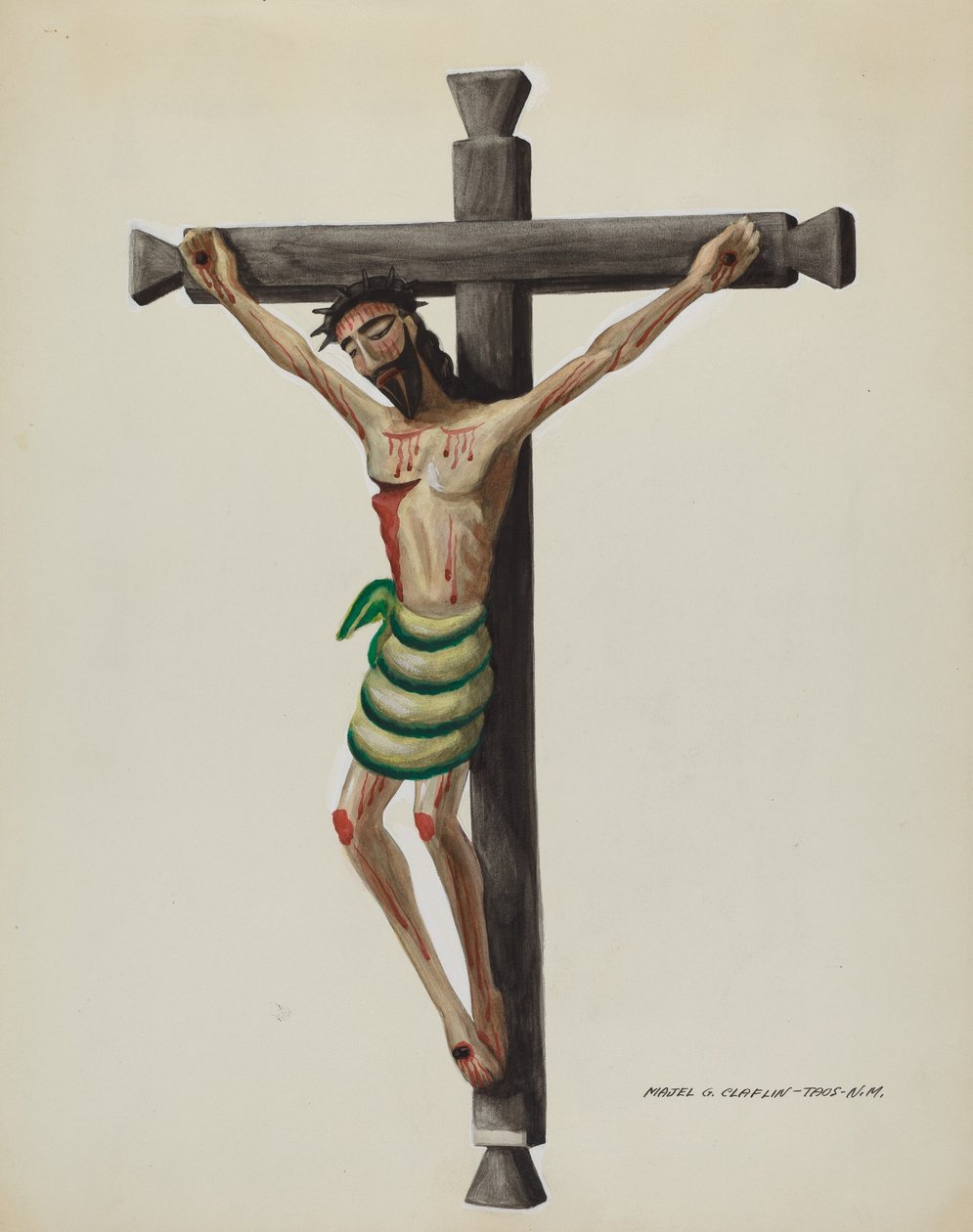 Siyah Oyma Ahşap Haç Üzerine Oyma ve Boyalı Cristo, c. 1937. by Majel G. Claflin