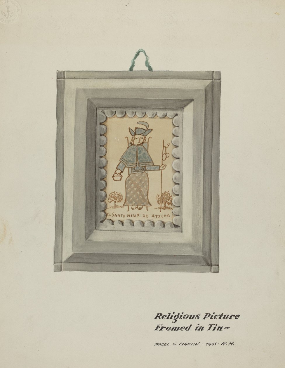 Elle Çizilmiş Santo Nino de Atocha-El Yapımı Teneke Çerçeve, c. 1937. by Majel G. Claflin
