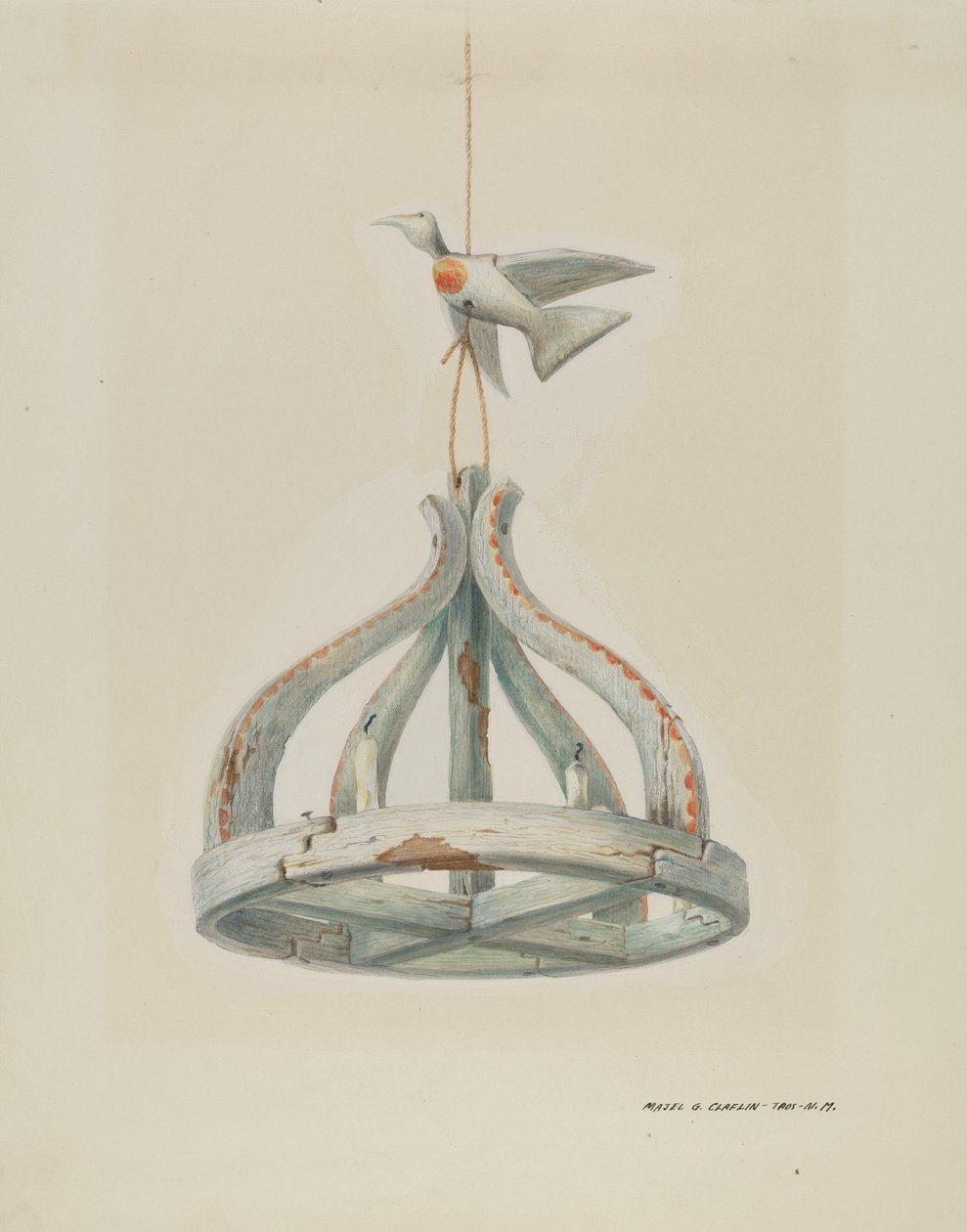 Bir adet boyalı, Ahşap Şamdan, Güvercinli, c. 1937. by Majel G. Claflin