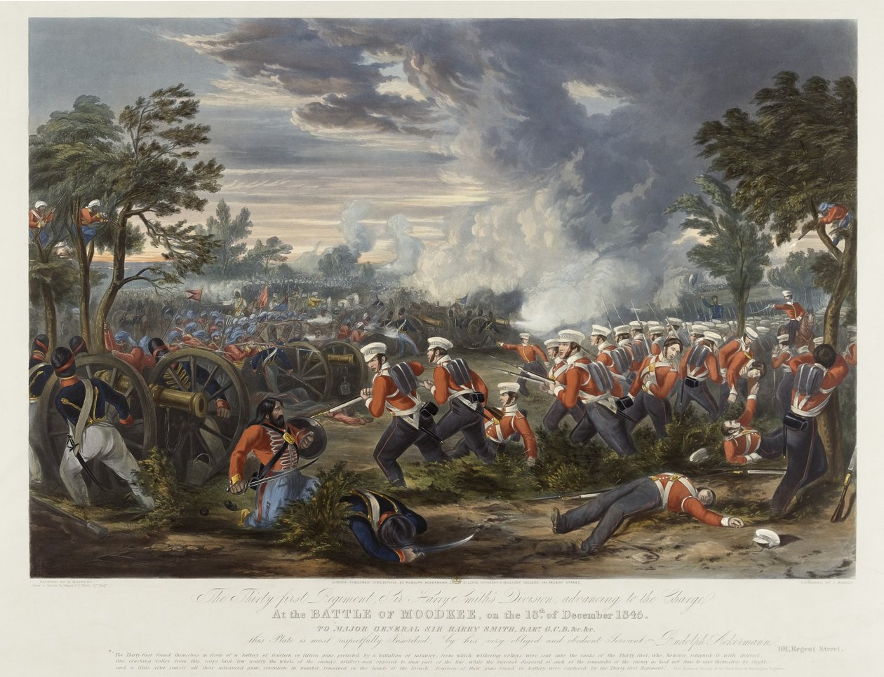 31. Alay, Sir Harry Smith'in Tümeni 18 Aralık 1845 Moodkee Muharebesi'nde hücuma geçiyor, Rudolph Ackermann tarafından yayınlandı, 18 Haziran 1848 (renkli aquatint) by Major G.F. White