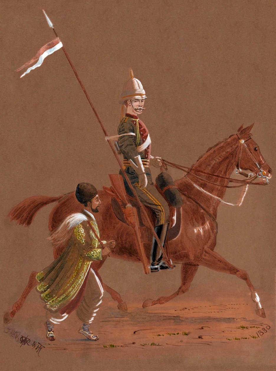Atının yanında koşan bir Afgan askeriyle binen 9. Lancer'ın askeri by Major General R.G. Woodthorpe