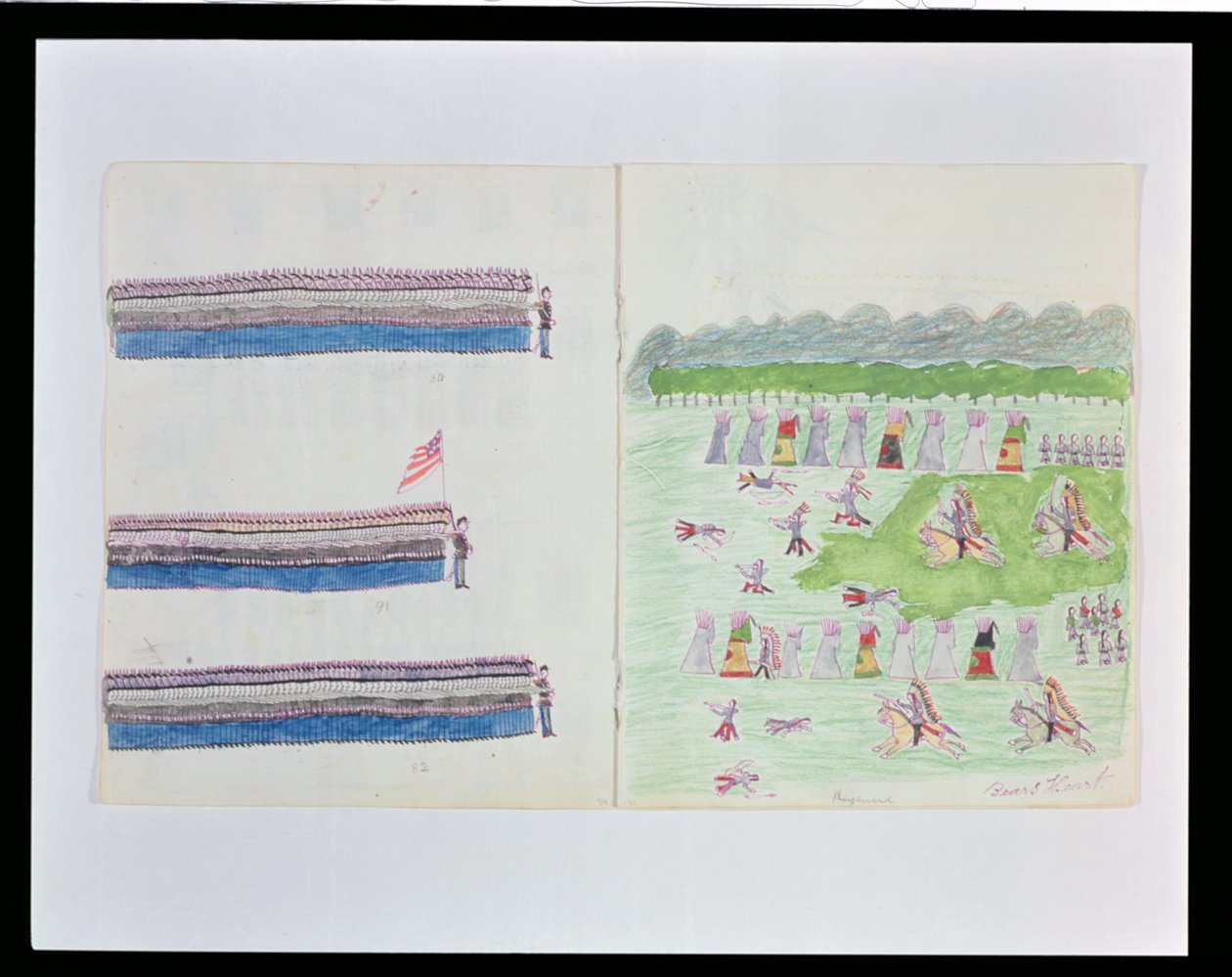 Ayı Kalbi. ABD Süvarileri, Fort Marion, St Augustine, Florida, 1877'de yapılan bir eskiz kitabından Cheyenne Köyü'nde ilerliyor by Making Medicine