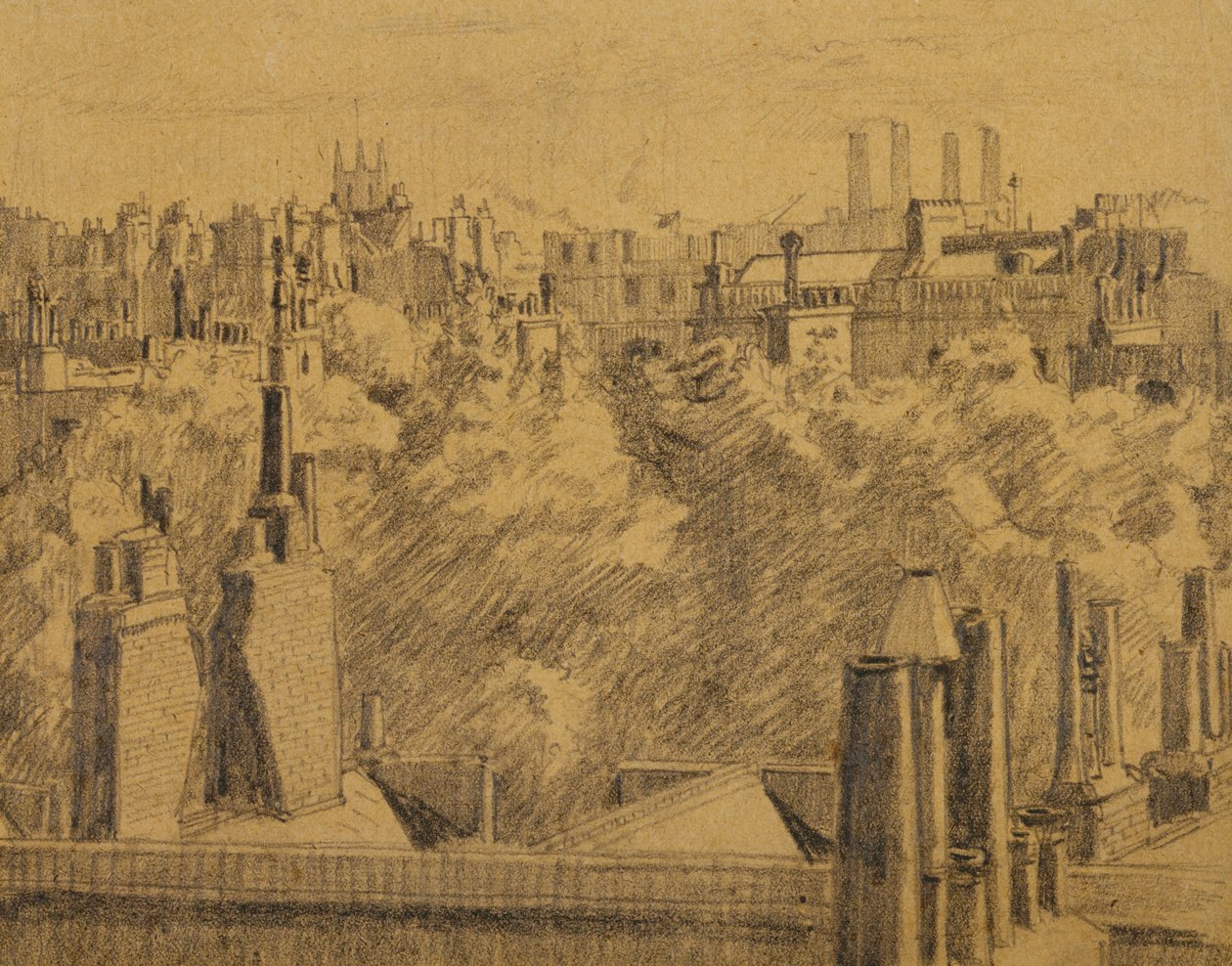 London Roofs, c.1914 (kart üzerine serilen kağıt üzerine grafit) by Malcolm Drummond
