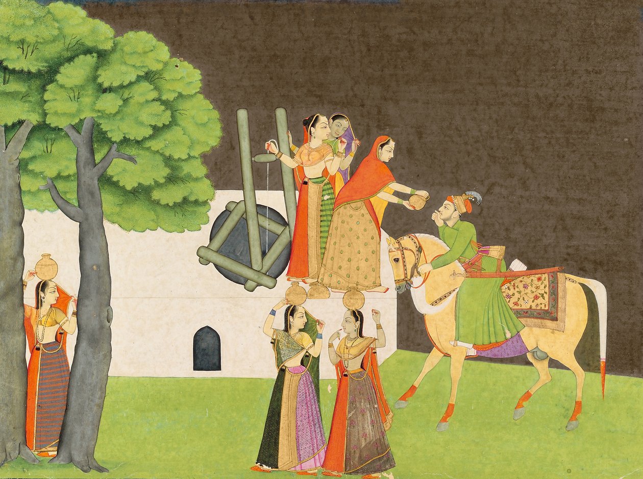 Gözlerin İlk Buluşması, c.1750 (kağıt üzerinde opak wc ve altın) by Manaku